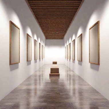 A high-resolution photorealistic image of a modern art gallery hallway. The interior features pristine white walls, with a polished concrete floor reflecting soft ambient lighting. Framed photographs and paintings, primarily monochromatic or sepia clipart