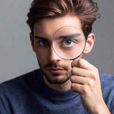 A high-resolution ultrarealistic image capturing a young man holding a magnifying glass in front of his eye. The image exhibits a modern photo style, featuring sharp detail and clarity. The man's tousled hair and blue sweater contrast against a clipart