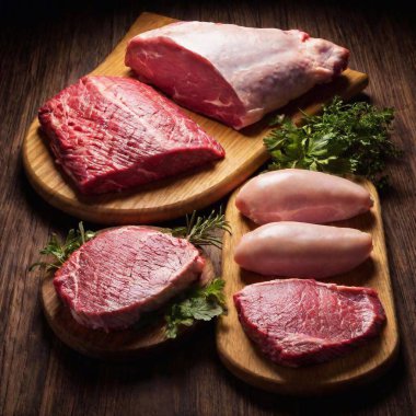 A high-resolution ultrarealistic image captures an assortment of raw meats on a wooden surface. Featured are slabs of beef, chicken breast, minced meat, sausages, and pork cuts, showcasing varied textures and marbling. Also included are fresh herbs clipart