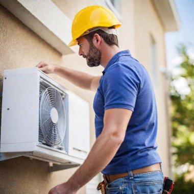 A high-resolution ultrarealistic image capturing a professional HVAC technician at work. This digital photograph showcases the technician, clad in a yellow hardhat and a navy blue t-shirt, diligently repairing an outdoor air conditioning unit. The clipart