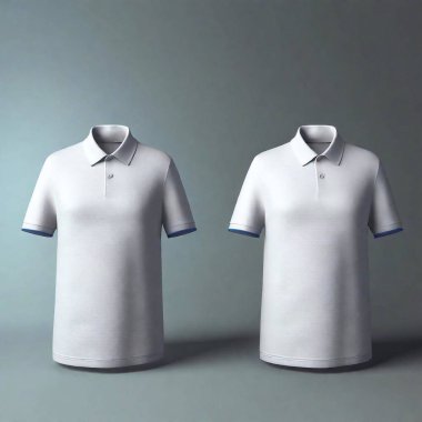 A high-resolution digital artwork depicting two white polo shirts: one front view and one back view. The shirts have short sleeves, a classic collar, and a three-button placket. The fabric texture is realistic, with subtle folds and creases clipart