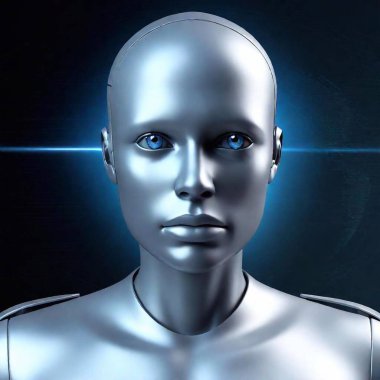 A high-resolution digital artwork depicting an ultrarealistic humanoid robot. The robot has a sleek, metallic finish with intricate details and glowing blue accents. Its right hand is poised thoughtfully near its head, suggesting it is engaged in clipart