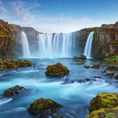 A high-resolution ultrarealistic image of Godafoss waterfall in Iceland. The digital artwork captures the majestic waterfall with cascading water creating a misty atmosphere. The scene includes rocky cliffs covered in green moss on either side of clipart