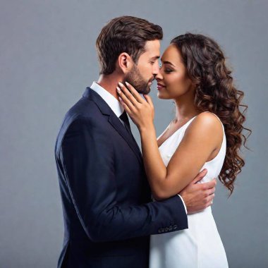 A high-resolution ultrarealistic image of a romantic moment between a man and a woman, captured in a photographic style. The man, wearing a sleek black suit and white shirt, gently holds the woman close as he leans in to kiss her. The woman, dressed clipart