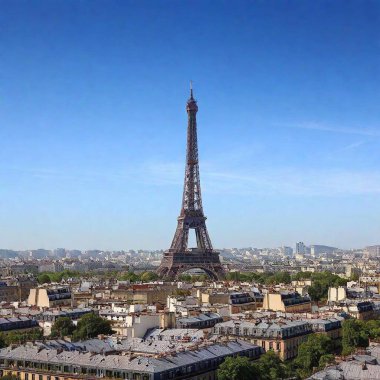 A high-resolution ultrarealistic image capturing an aerial view of Paris, blending a digital art and photograph style. The Eiffel Tower stands majestically in the background, dominating the cityscape with its iconic structure. Rooftops of historic clipart