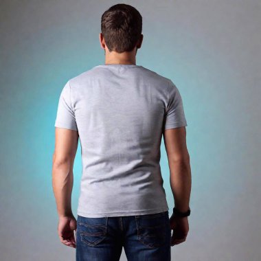 A high-resolution ultrarealistic image showcases two views of a man modeling a plain gray t-shirt. The man is photographed from the back on the left side and from the front on the right. He wears dark blue jeans with subtle, natural fading, creating clipart