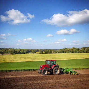 A high-resolution ultrarealistic image of a red tractor pulling a seed drill through a vast, freshly tilled field under a vibrant blue sky dotted with fluffy white clouds. The digital artwork expertly captures the machinery's details and the rich clipart