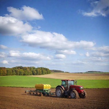 A high-resolution ultrarealistic image of a red tractor pulling a seed drill through a vast, freshly tilled field under a vibrant blue sky dotted with fluffy white clouds. The digital artwork expertly captures the machinery's details and the rich clipart