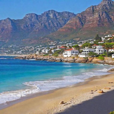 A high-resolution ultrarealistic image depicting a stunning coastal scene at Camps Bay, Cape Town. The digital artwork captures the pristine turquoise ocean waves gently brushing against a sandy shoreline. Luxurious houses and palm trees line the clipart