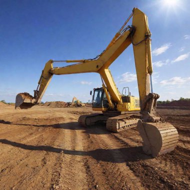 A high-resolution ultrarealistic image showcases a large, yellow excavator in action within a construction site. This detailed photograph captures the excavator's mechanical arm as it is extended high, with its bucket full of moist, reddish-brown clipart