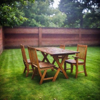 A high-resolution ultrarealistic image capturing a sudden downpour in a suburban backyard. The scene, a photograph, features a slightly tilted wooden table and chairs grouped against a brick wall on the left, drenched by the relentless rain. The clipart