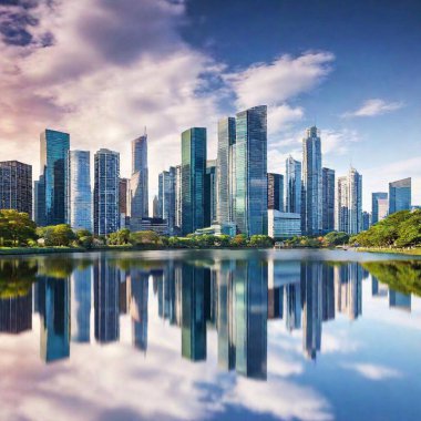 A high-resolution ultrarealistic image captures a stunning cityscape under a bright sky with scattered clouds. The digital artwork showcases modern skyscrapers with glass facades reflecting light, featuring angular and sleek architectural styles. A clipart