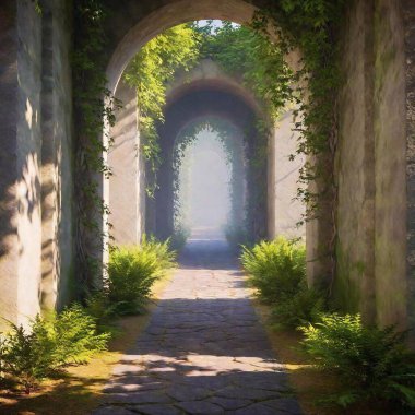 A high-resolution digital artwork featuring a serene, mystical forest pathway. The focal point is a weathered stone archway adorned with creeping ivy and moss, framed by towering, ancient trees on either side. Soft, ethereal light filters through clipart