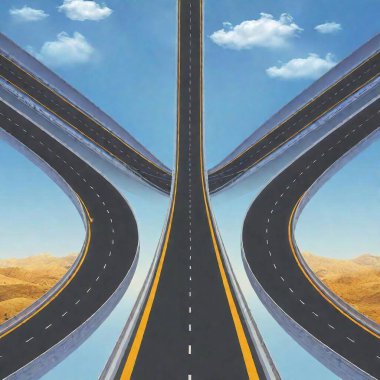 A high-resolution digital artwork featuring a surreal, intricate road network. The image displays a straight, well-defined road stretching towards a bright horizon, flanked by multiple overlapping, winding, and curving roads. Prominent in the clipart