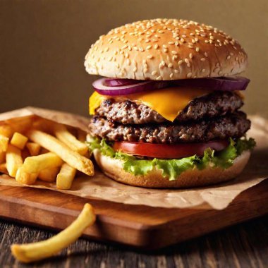 A high-resolution ultrarealistic image of a delicious cheeseburger and fries on a wooden cutting board. The cheeseburger, with a sesame seed bun, features a juicy beef patty topped with melted cheddar cheese, fresh lettuce, and slices of red onion clipart