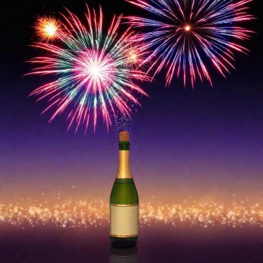 A high-resolution digital artwork capturing a celebratory atmosphere. The foreground features a champagne bottle with its cork mid-air, surrounded by dispersing bubbles. In the background, vibrant fireworks explode against a warm, darkened sky clipart