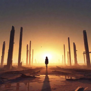 A high-resolution digital artwork showcasing a lone figure standing amidst a desolate wasteland at sunset. The art style is highly detailed with a dramatic, cinematic quality. The figure, with windswept hair and tattered clothing, faces away from clipart