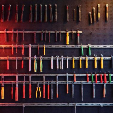 A high-resolution digital photograph capturing a meticulously organized tool wall. A black perforated pegboard serves as the backdrop, displaying an array of wrenches, hammers, screwdrivers, pliers, and more, each hung with precision. The lighting clipart