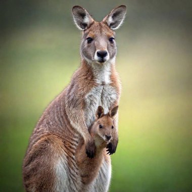 A high-resolution ultrarealistic image of a kangaroo and a joey captured in a digital photograph. The kangaroo stands upright with an alert expression, its muscular build and coarse brown fur clearly visible. The joey peeks out from its mother's clipart