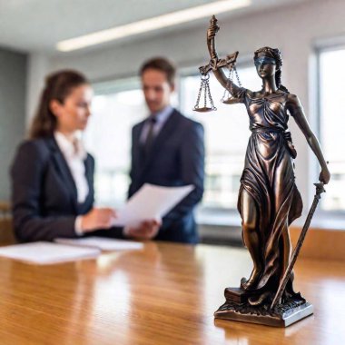 A high-resolution ultrarealistic image showcasing a professional office environment. The focus is on a detailed bronze statue of Lady Justice, holding balanced scales in her left hand and a sword in her right, epitomizing fairness and authority. The clipart