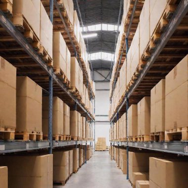 A high-resolution ultrarealistic image of a well-organized warehouse aisle. This digital photograph showcases neatly stacked pallets and boxes on metal shelves that extend toward a vanishing point. The warehouse has industrial lighting that casts a clipart