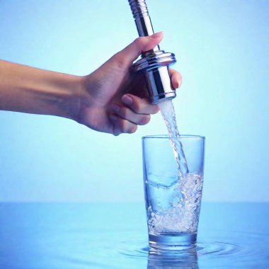 A high-resolution ultrarealistic image depicting a close-up view of a hand holding a clear glass under a running faucet. The faucet, made of shiny chrome, releases a stream of water filling the glass, which has droplets on its surface. The clipart