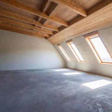 A high-resolution ultrarealistic image of an unfinished attic room under construction, captured as a photograph. This space features exposed wooden studs and beams throughout, with OSB sheathing on the walls. The ceiling showcases a complex pattern clipart