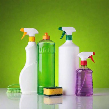 A high-resolution ultrarealistic image displaying various cleaning supplies arranged neatly on a white surface against a solid, light green background. This detailed photograph showcases items such as a pair of green rubber gloves, a green and grey clipart