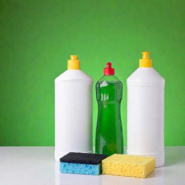 A high-resolution ultrarealistic image displaying various cleaning supplies arranged neatly on a white surface against a solid, light green background. This detailed photograph showcases items such as a pair of green rubber gloves, a green and grey clipart