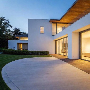 A high-resolution digital photograph of a contemporary house at dusk, showcasing a modern architectural design. The house features a striking contrast between sleek wooden paneling and smooth white walls. The front highlights two large windows and a clipart