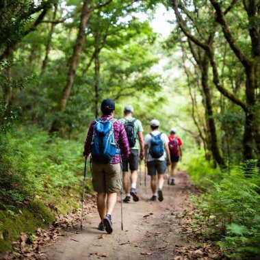 A high-resolution photograph captures a group of hikers walking along a dirt trail through a lush, green forest. The focus is on the diverse hiking boots of four individuals, each stepping forward, with some using trekking poles. The earthy trail clipart