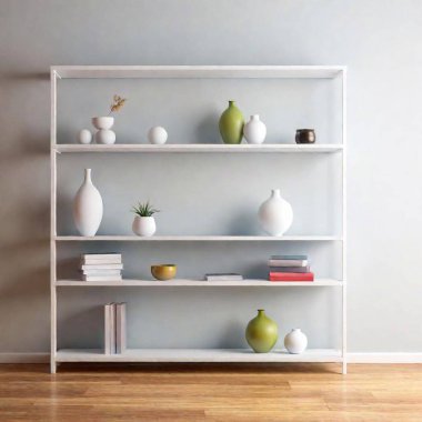 A high-resolution digital artwork of a modern, well-organized white bookshelf set against a wall in a brightly lit room. The bookshelf features a variety of compartments, filled with an eclectic mix of books, framed photos, vases, candles, and clipart