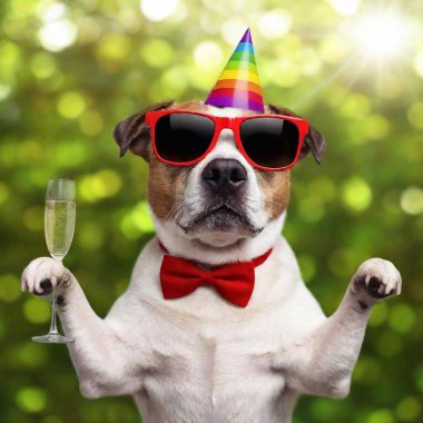 A high-resolution, ultrarealistic image. This digital artwork features a jubilant dog dressed for celebration. The dog wears a polka-dotted party hat with a small rainbow flag on top. Its red, oversized sunglasses and a red satin bow-tie add to the clipart