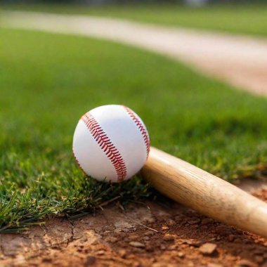 A high-resolution, ultrarealistic image captures a close-up view of a baseball and bat resting on a baseball field. The wooden bat exhibits fine grain textures with warm tones, while the baseball, showing subtle wear, features red stitches. The clipart