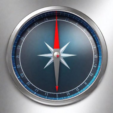 A high-resolution ultrarealistic digital artwork of a close-up of a compass needle. The compass face is predominantly black, with the needle and important cardinal directions illuminated in a striking blue. The sharp needle points towards the word clipart