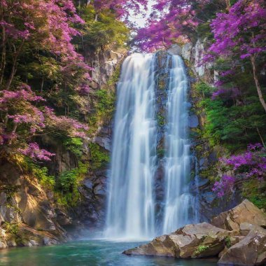 A high-resolution digital artwork depicting a serene natural landscape featuring a cascading waterfall. The waterfall flows over multiple rocky tiers into a tranquil pool surrounded by lush greenery and blooming flowers in vibrant hues of pink clipart