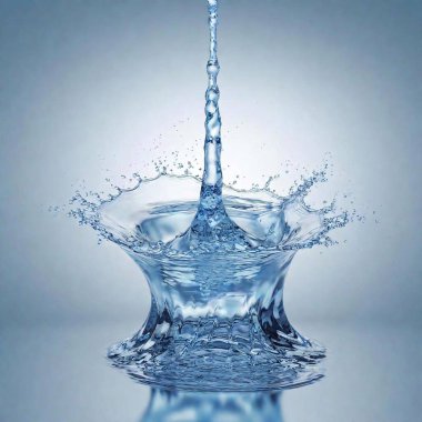 A high-resolution ultrarealistic image captures a dynamic splash of water, rendered in stunning detail through digital art. The splash features numerous droplets in various shapes and sizes, suspended mid-air with intricate reflections and clipart