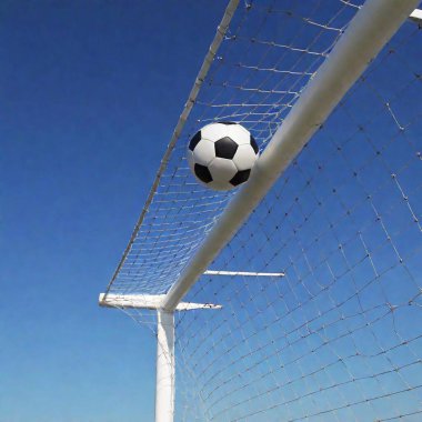 A high-resolution ultrarealistic image depicting a black and white soccer ball caught in the net of a goal against a clear blue sky. The digital artwork focuses on the precise moment of the ball impacting the net, causing the ropes to stretch and clipart