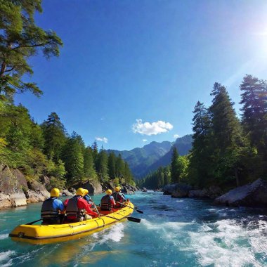 A high-resolution ultrarealistic image captures a thrilling white-water rafting adventure. Five people are seated in an inflatable raft navigating through turbulent waters, each wearing a yellow helmet and life jacket. The group is energetically clipart