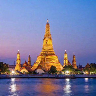 A high-resolution ultrarealistic image of a stunning evening scene featuring the Wat Arun Temple in Bangkok, Thailand. Captured in digital photography, the intricate structure of the temple glows brilliantly under golden illumination against a deep clipart