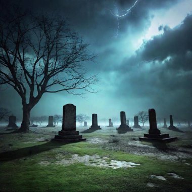 A high-resolution digital artwork of a gloomy, ancient graveyard under a stormy night sky. The foreground displays various old, weathered tombstones covered in moss and cracks, casting elongated shadows on the leaf-strewn ground. In the background clipart