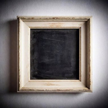 A high-resolution photograph of an empty, aged Polaroid picture frame. The frame has a slightly worn and textured white border with a subtle crosshatch pattern. The interior of the frame shows a faded, creamy-beige texture with hints of old blue clipart