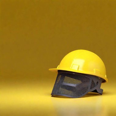 A high-resolution ultrarealistic image in a digital art style depicts a bright yellow construction helmet. The helmet features a smooth, glossy finish with subtle reflections and shadows that highlight its curvature. The design includes multiple clipart