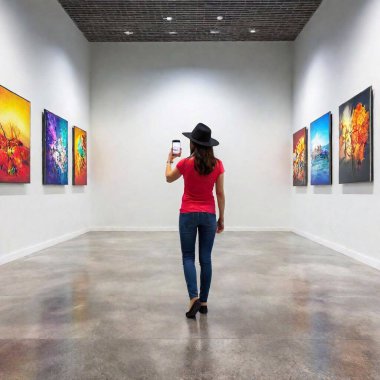 A high-resolution ultrarealistic image of a modern art gallery, captured in a photograph. The central subject is a woman dressed in casual attire with a black hat and red top, holding a smartphone to take a photo of the paintings. The gallery walls clipart