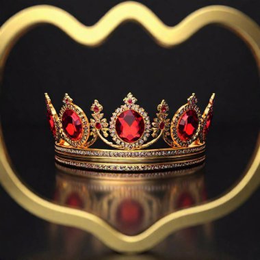 A high-resolution ultrarealistic image of a luxurious crown adorned with large, teardrop-shaped red gemstones set intricately in the golden framework. The crown is lavishly decorated with smaller clear and red jewels, contributing to its ornate and clipart