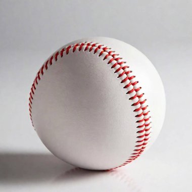 A high-resolution ultrarealistic image in photographic style of a single baseball captured against a plain white background. The baseball is positioned slightly off-center, with red stitching forming a distinct pattern spiraling around its textured clipart