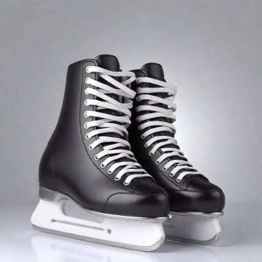 A high-resolution ultrarealistic image capturing a pair of modern ice hockey skates. The skates are black with silver accents, featuring detailed stitching and tightly tied, thick grey and white striped laces. The steel blades reflect light sharply clipart