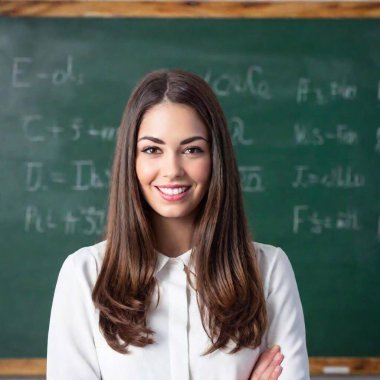 A high-resolution ultrarealistic image captures a young woman standing confidently in a classroom. This photo features soft, natural lighting that illuminates her smiling face and long, straight brown hair. She is dressed in a crisp white blouse clipart