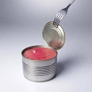 A high-resolution ultrarealistic photograph depicting an open can of tuna. The focus is on a silver fork lifting a chunk of light pink tuna from the can. The tin can lid is bent back, revealing the tuna inside. The composition is minimalistic with a clipart