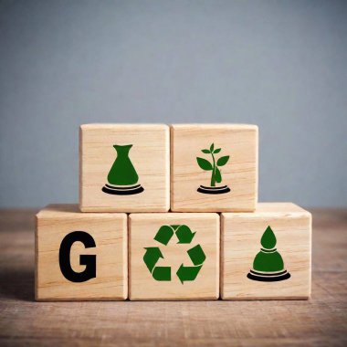 A high-resolution ultrarealistic photograph features a stack of six light wooden blocks, symmetrically arranged in a pyramid formation. Each block bears a green symbol or text relevant to ESG principles. The top blocks depict hands holding a globe clipart